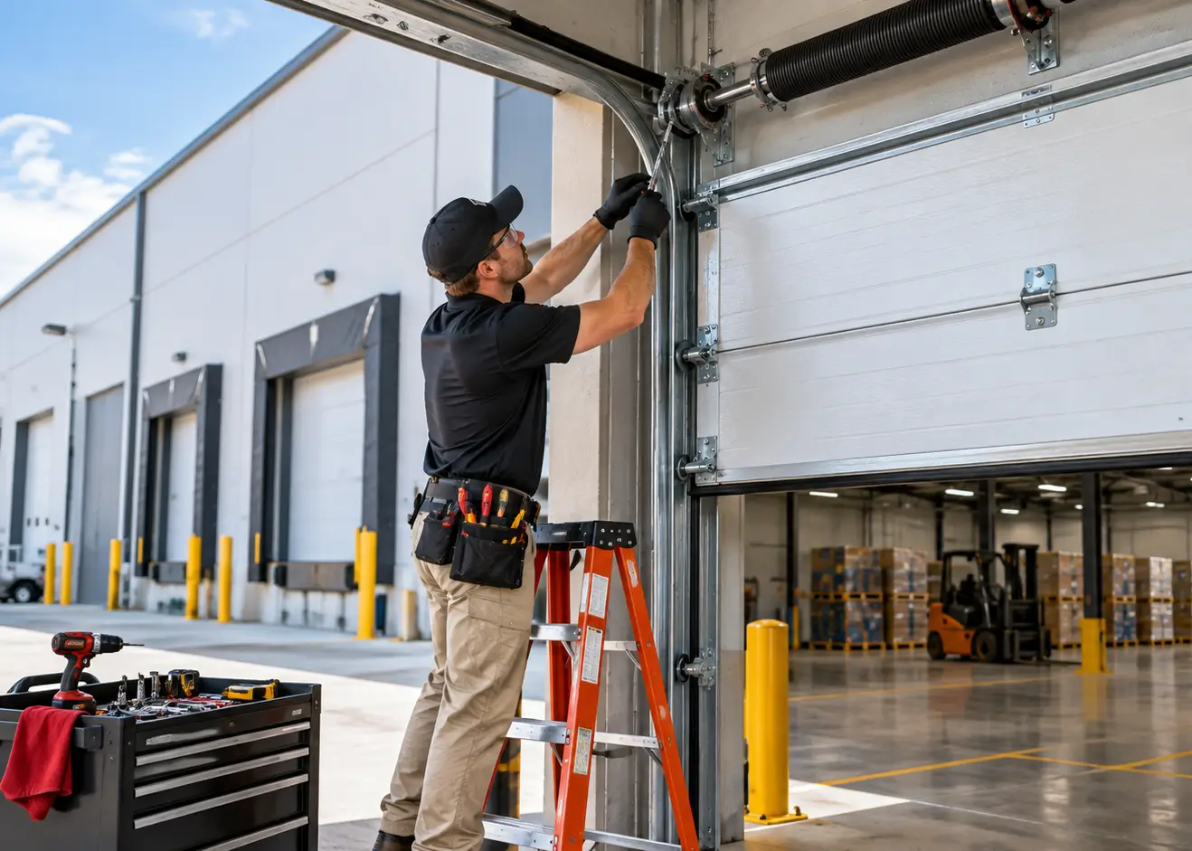 Technician performing heavy structural track alignment and cable restoration on a commercial garage door inside an industrial facility.