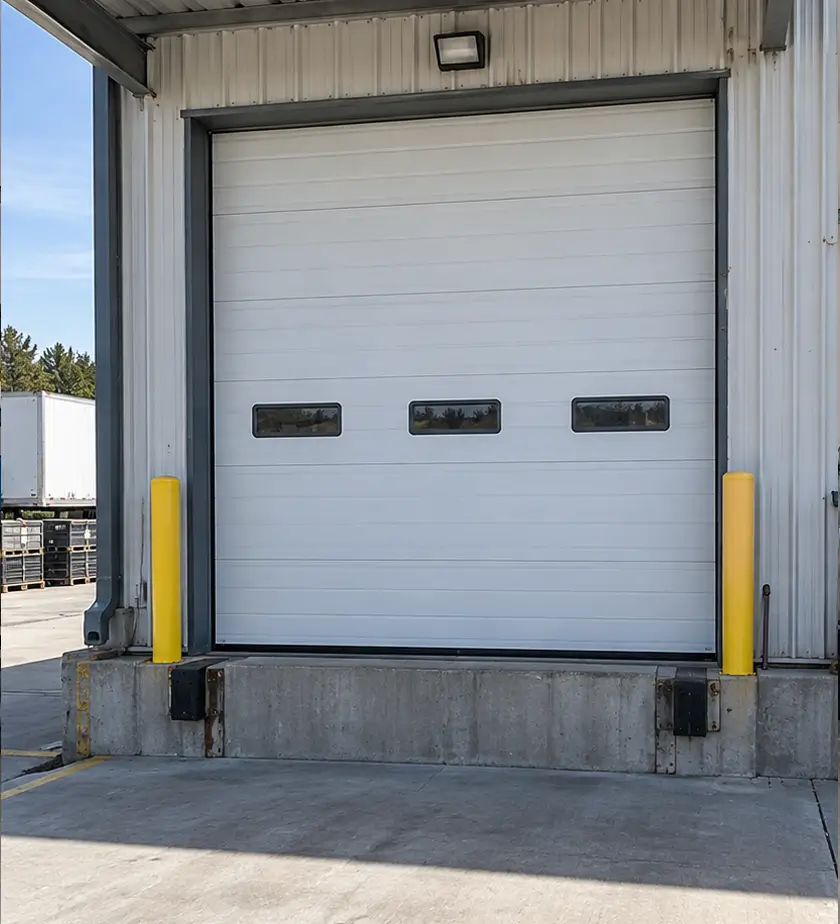 Commercial garage door after repair showing damaged and fully restored overhead door