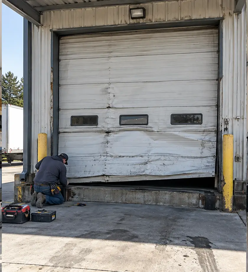 Commercial garage door before repair showing damaged and fully restored overhead door