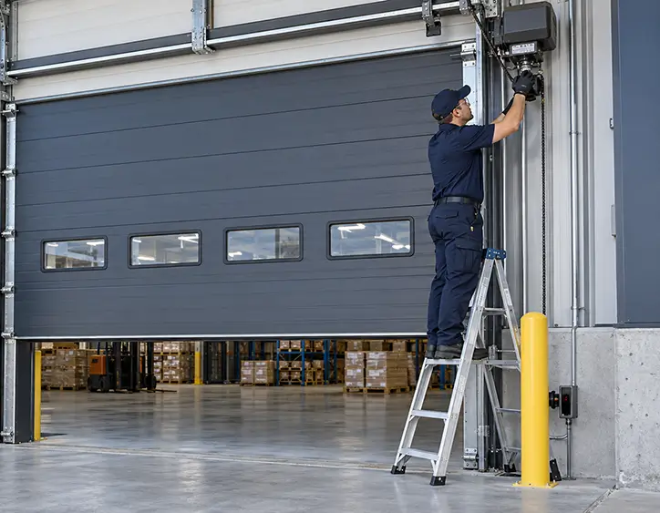 Technicians configuring an automated commercial garage door