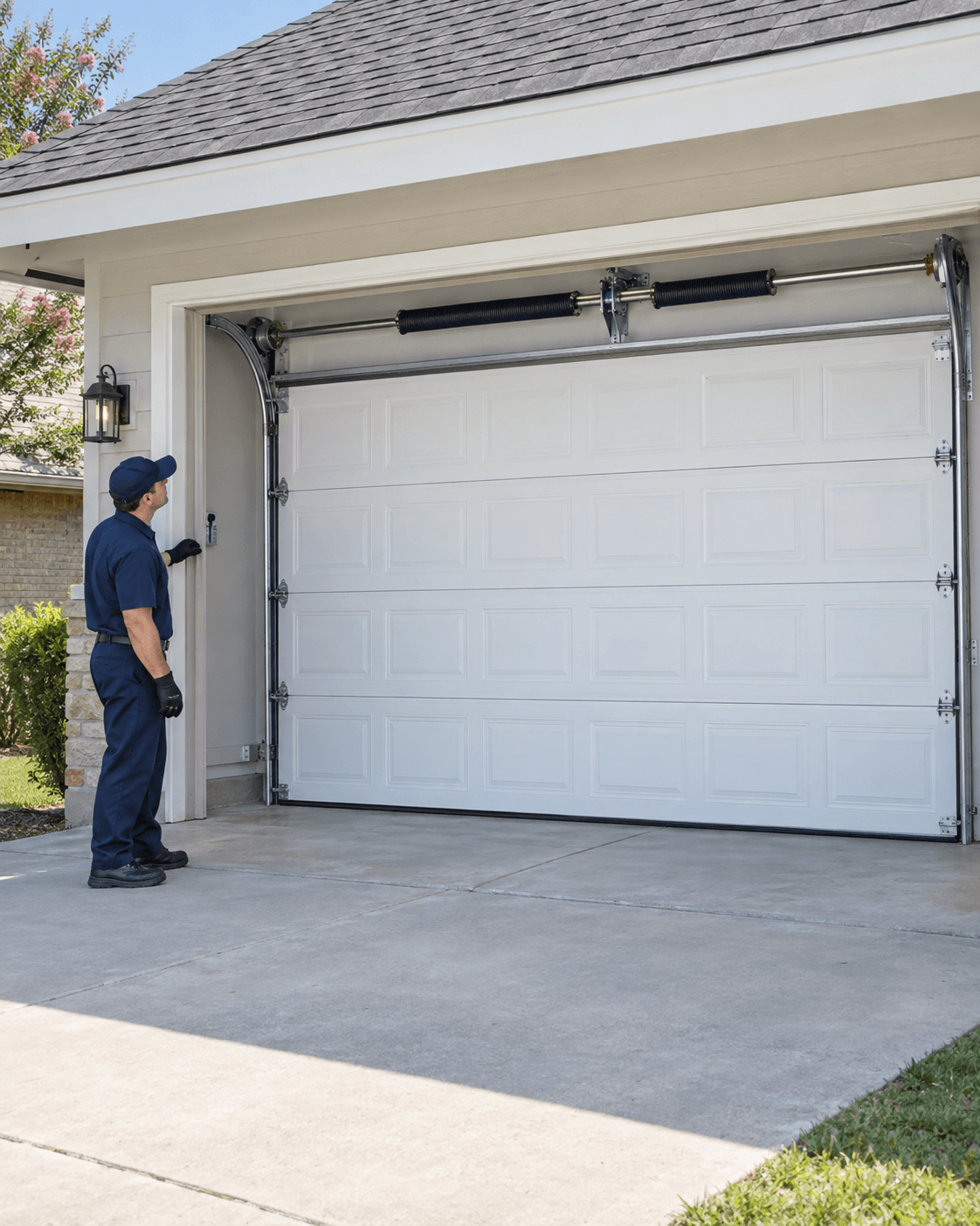 Level garage door with repaired springs and technician inspection