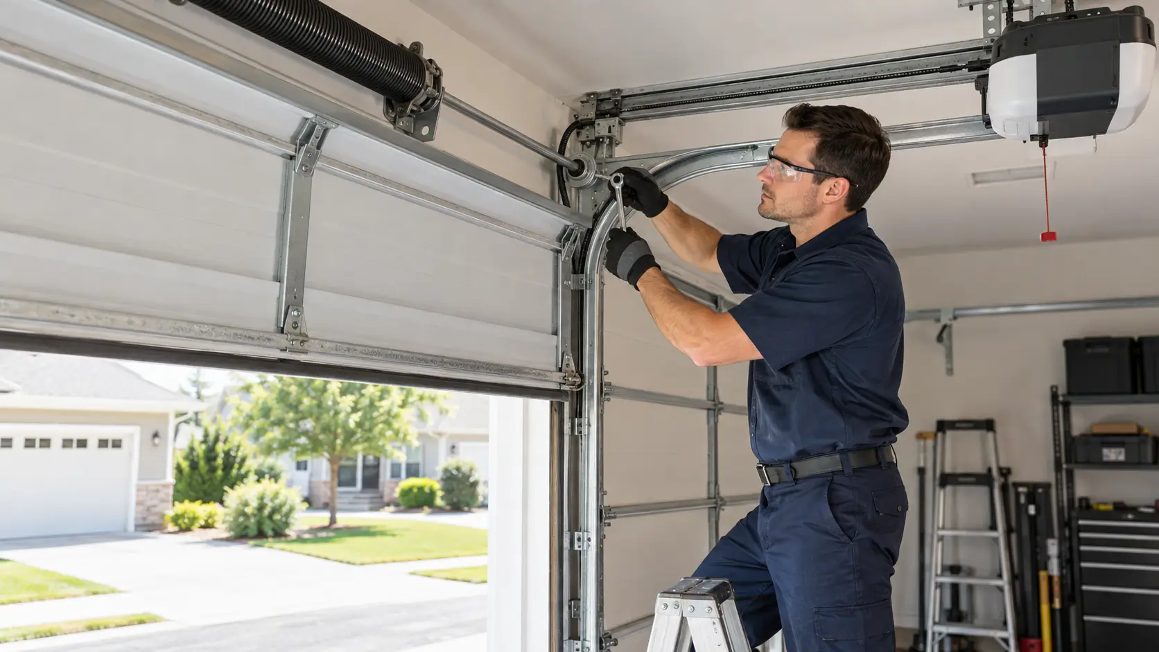 Dickinson Garage Door technician inspecting a residential garage door