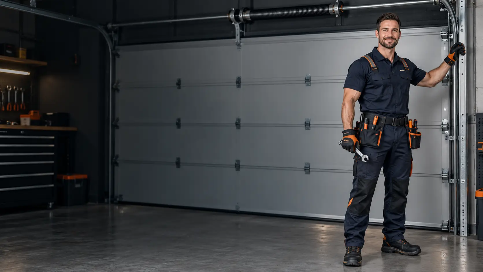 Dickinson garage door technician beside a repaired residential garage door