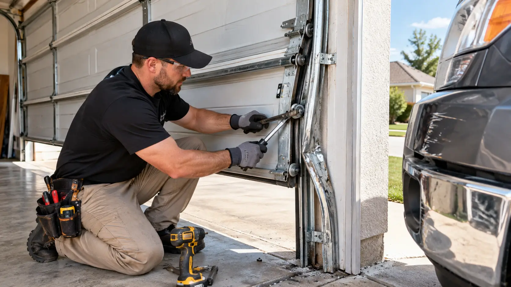 Technician repairing a bent garage door track after accidental vehicle impact in Dickinson TX
