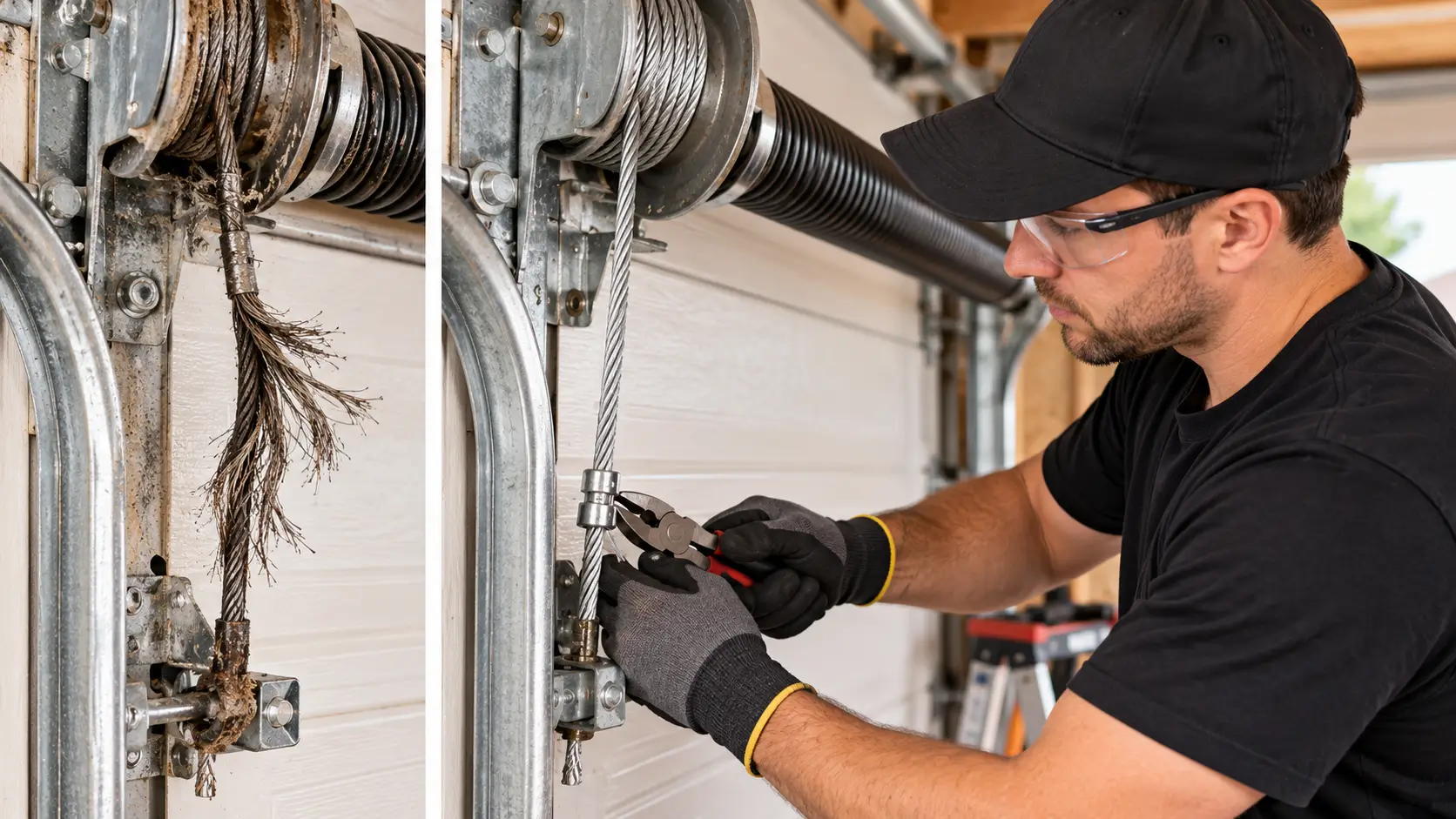 Technician replacing a frayed garage door cable wire strand with a new cable assembly during emergency repair