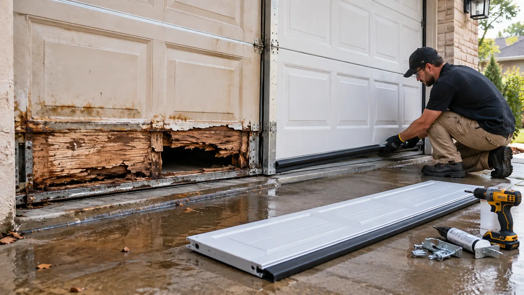 Garage door bottom panel restoration for water and rust damage in Dickinson TX