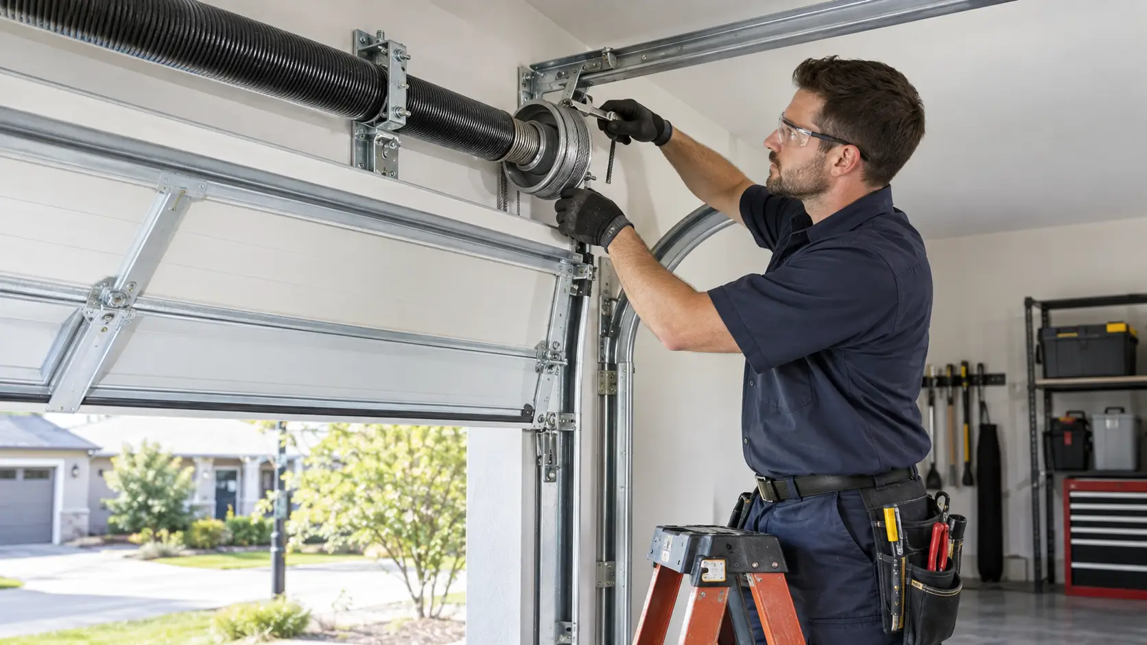 Technician performing professional garage door cable and drum balancing
