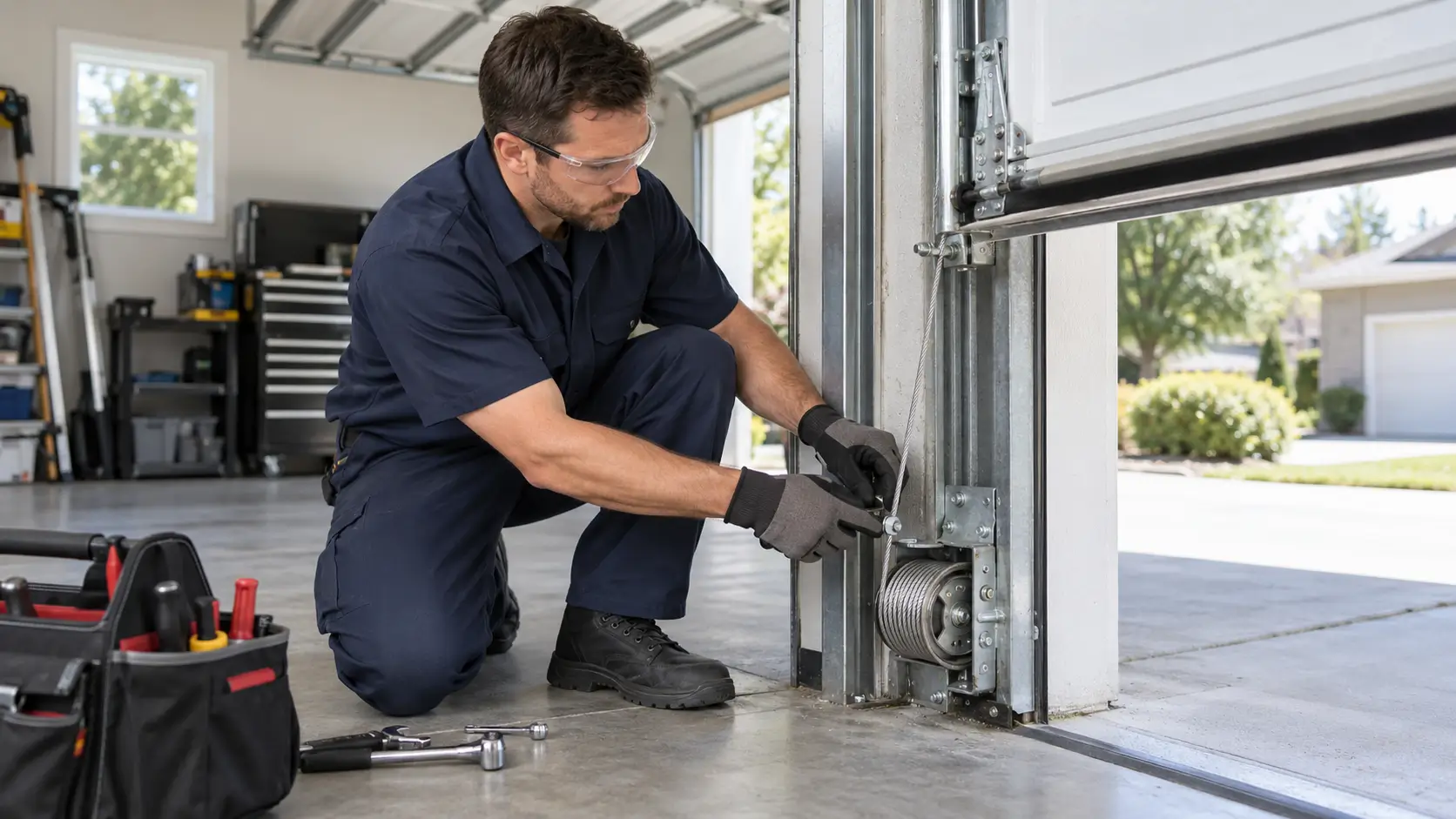 Dickinson Garage Door technician inspecting lift cables and rollers