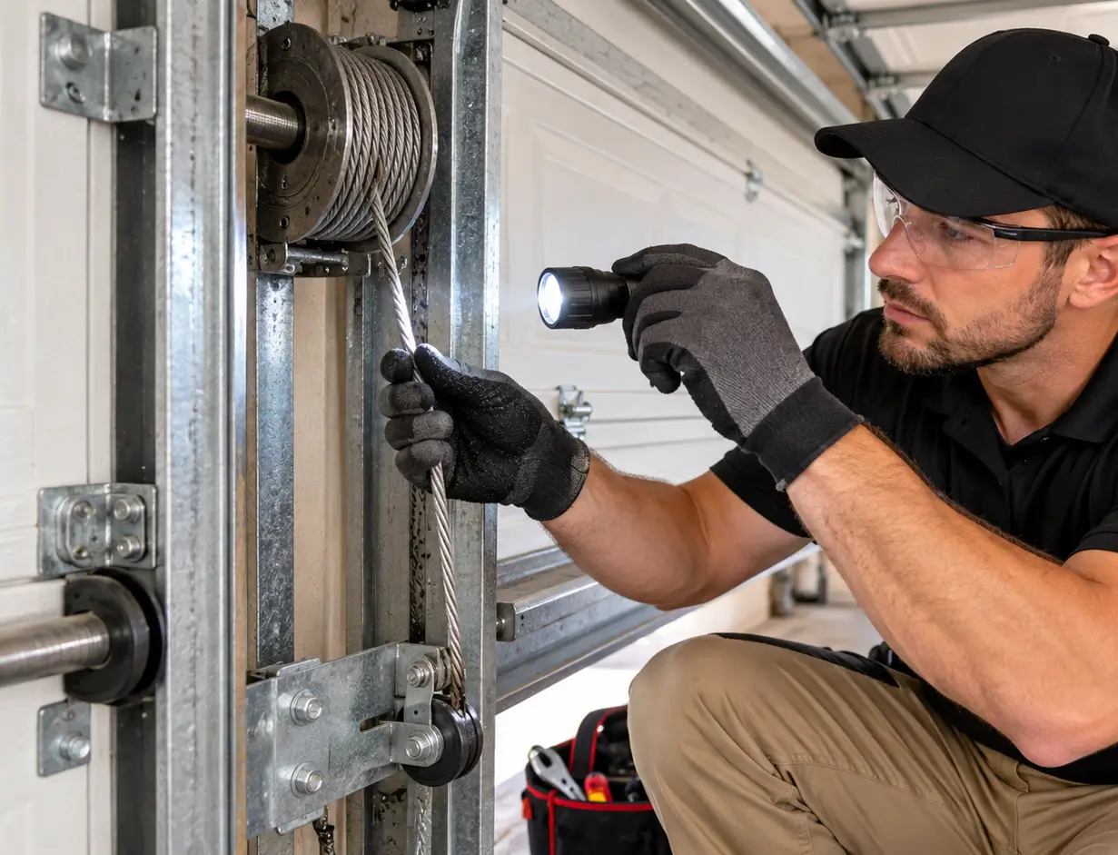 Professional technician inspecting a garage door cable, drum, and track system inside a residential garage