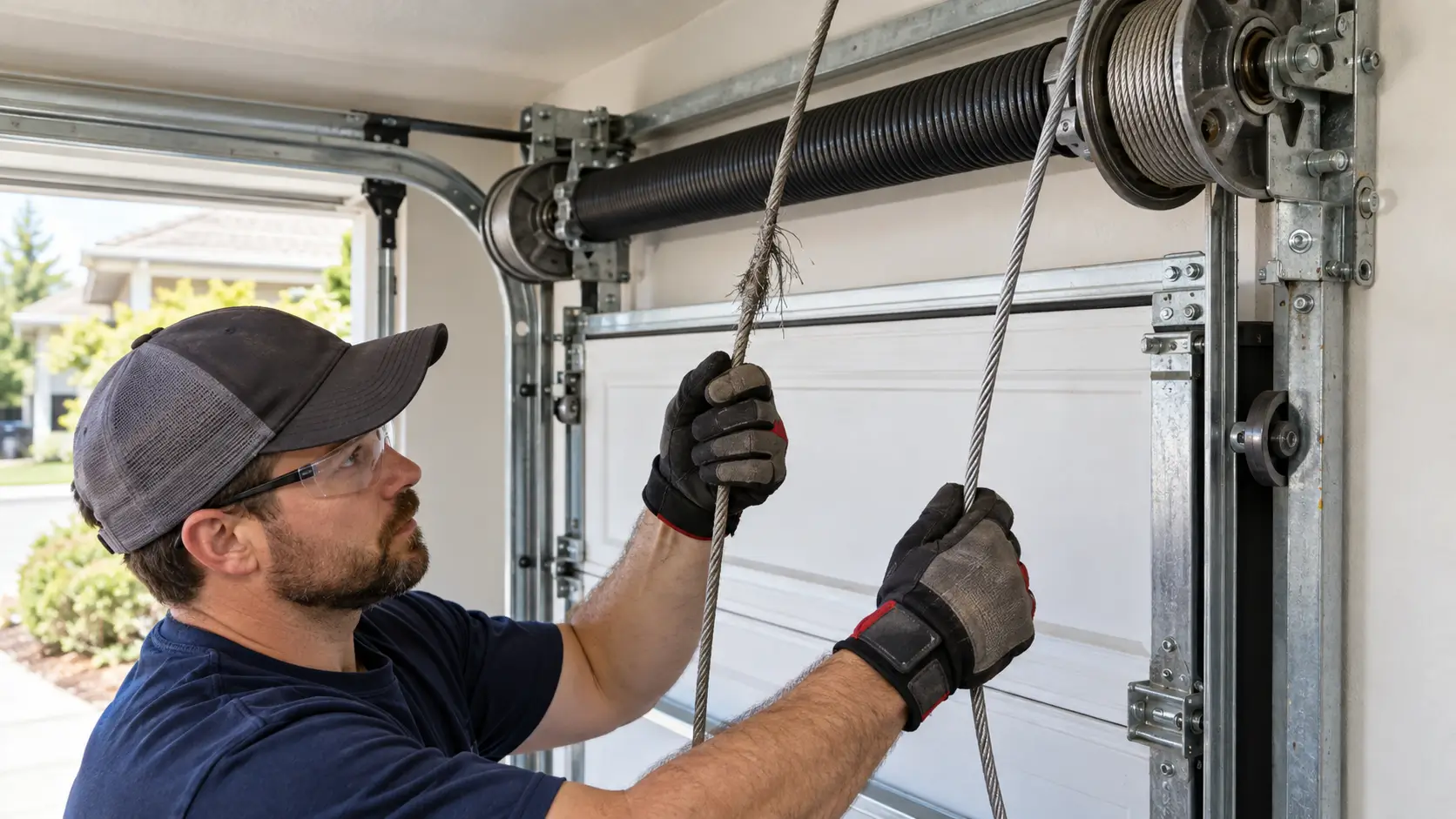 Professional technician repairing a damaged garage door cable and inspecting the cable drum system