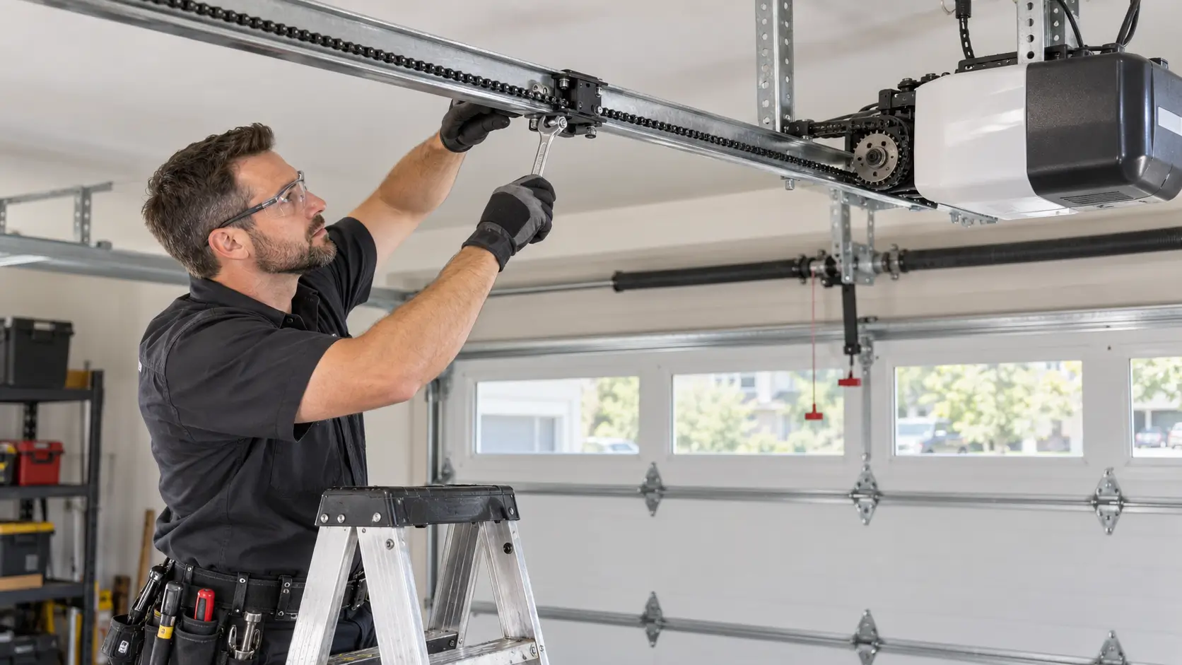 Technician performing garage door drive rail tensioning and chain maintenance