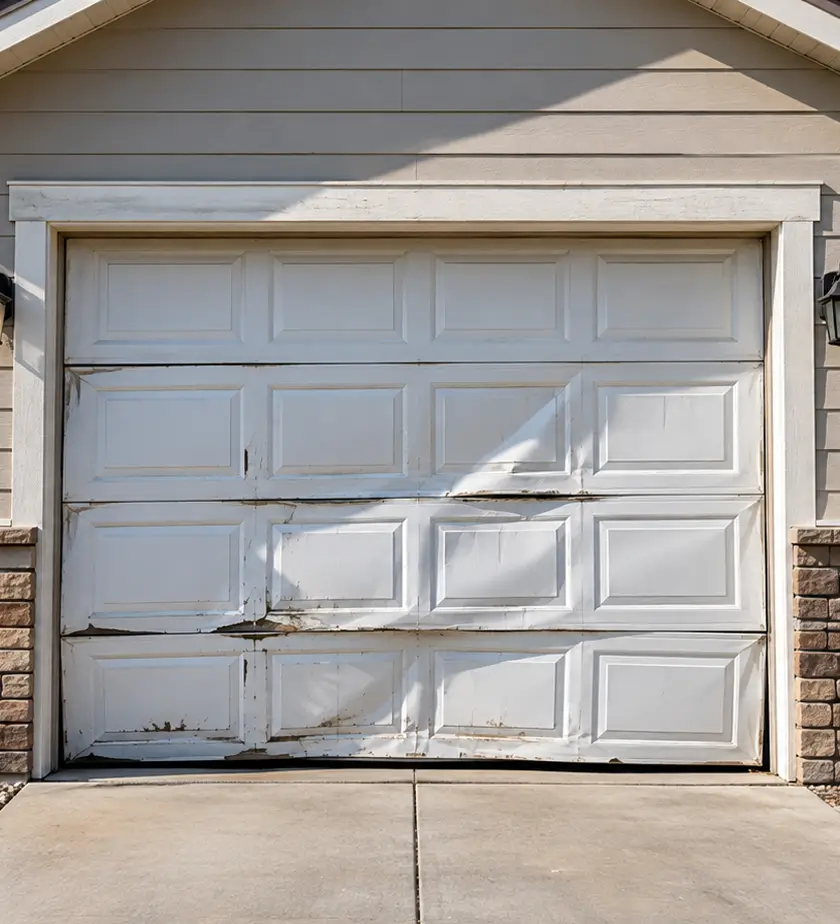 Dented garage door panel before repair