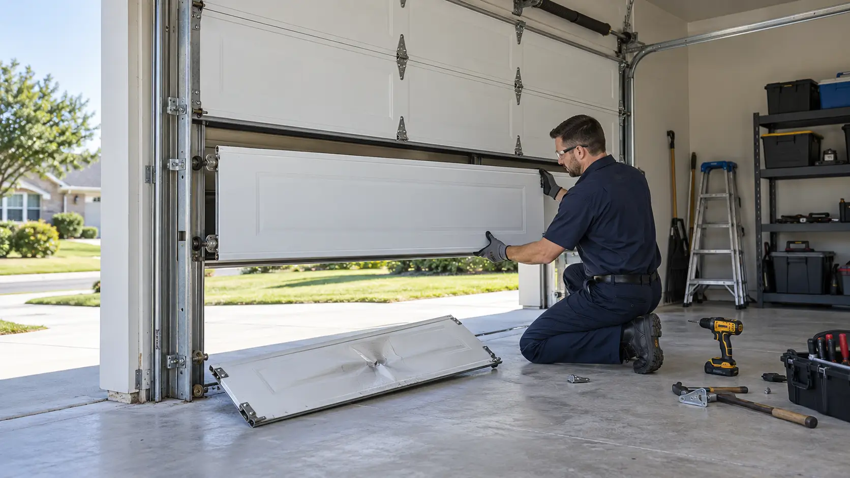 Technician replacing a damaged garage door panel