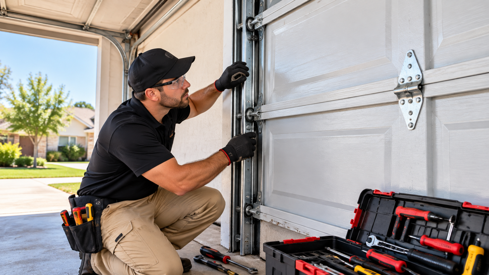 Preventative track maintenance check during garage door panel repair