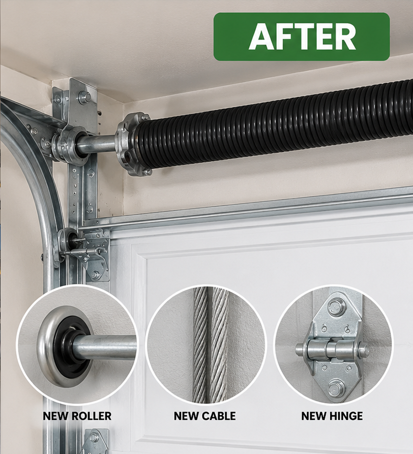 Garage door parts after repair showing worn rollers, damaged cables, rusty hinges, and newly replaced components.