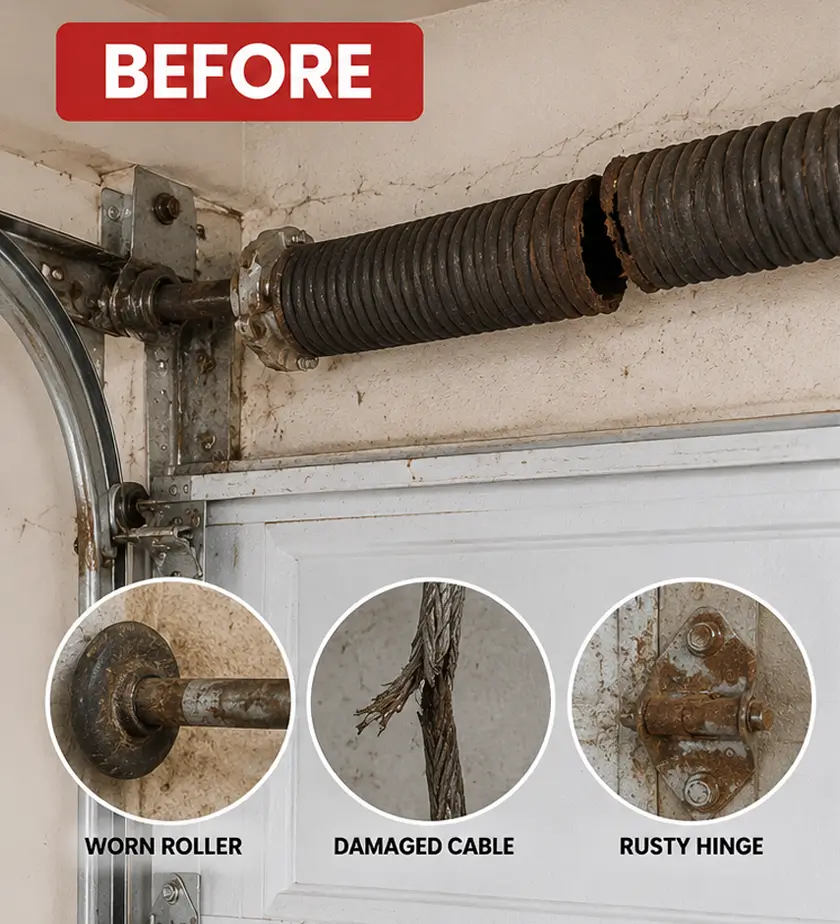Garage door parts before repair showing worn rollers, damaged cables, rusty hinges, and newly replaced components.