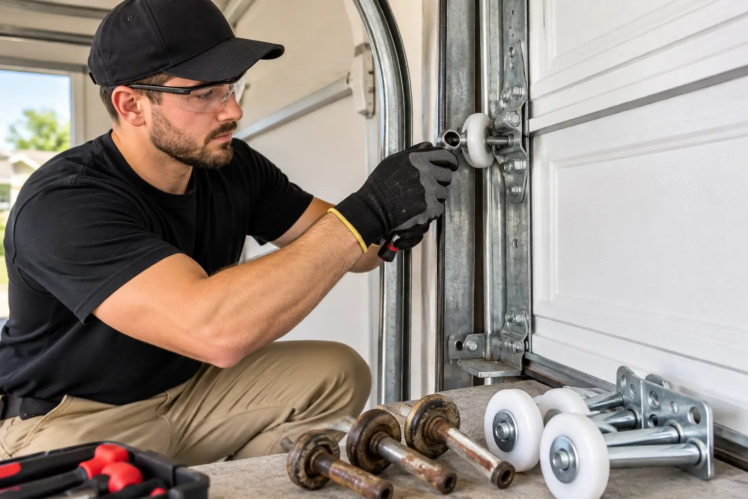 Garage door roller repair technician replacing worn rollers