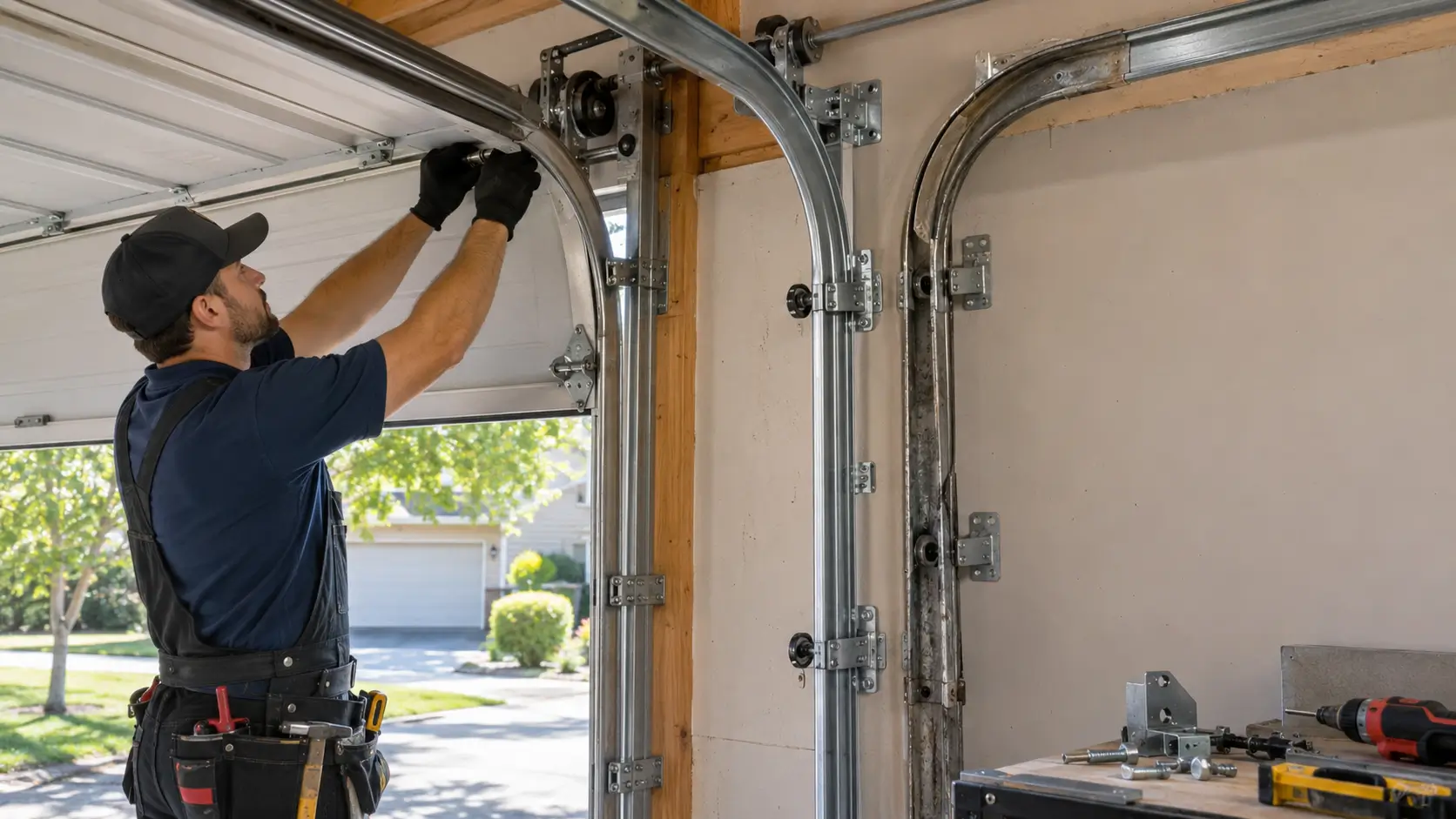 Professional garage door track alignment replacement with technician installing and adjusting new tracks