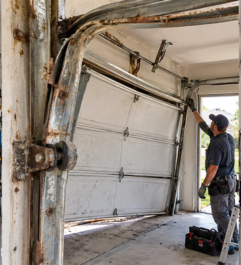 Garage door track before repair showing damaged misaligned rails