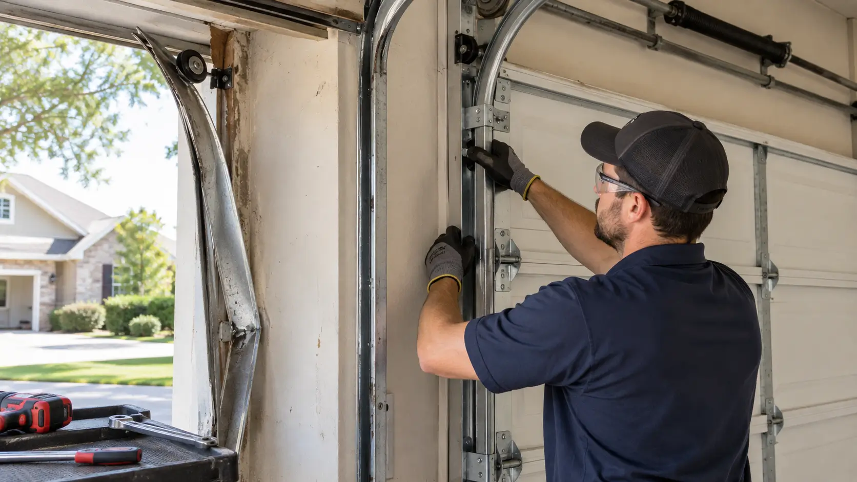 Garage door track repair technician realigning a damaged garage door track