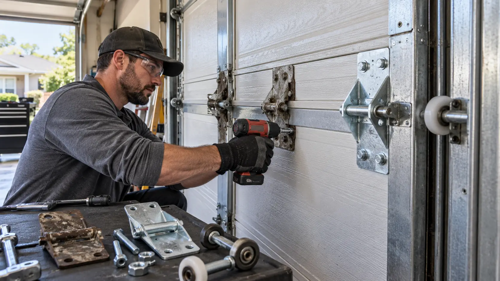Garage door hinge bracket reinforcement and roller housing repair