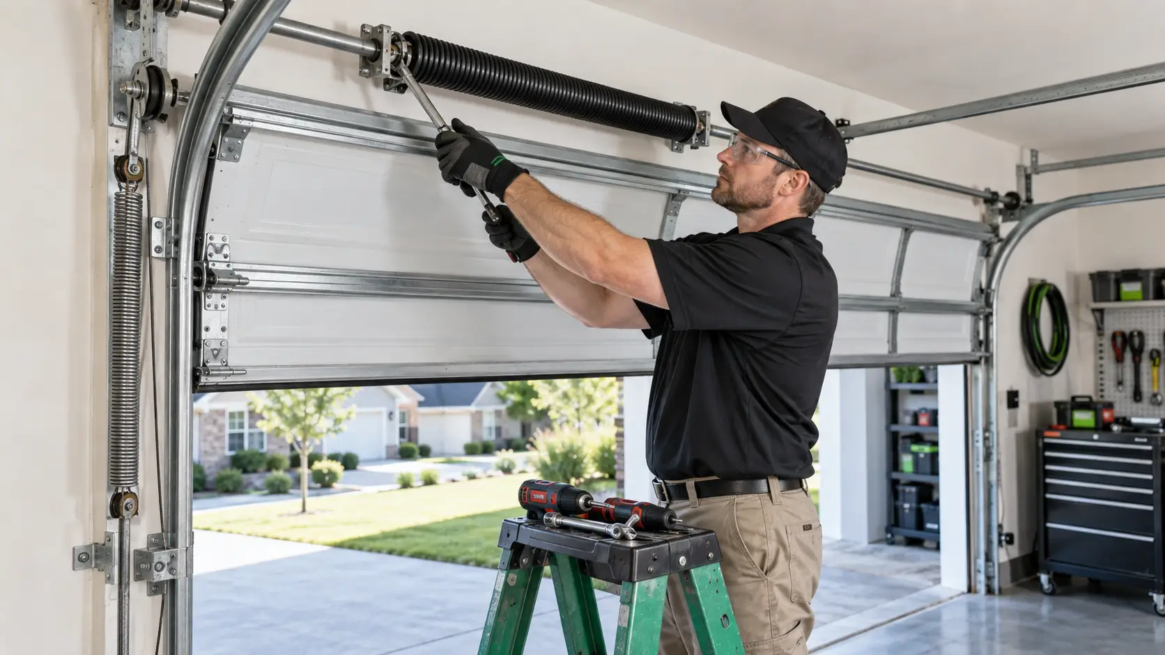 Technician providing immediate torsion and extension garage door spring replacement