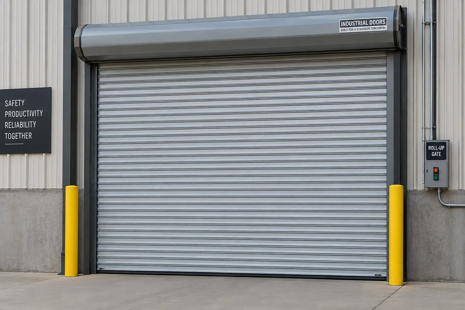 Industrial roll-up gate garage door at a commercial warehouse