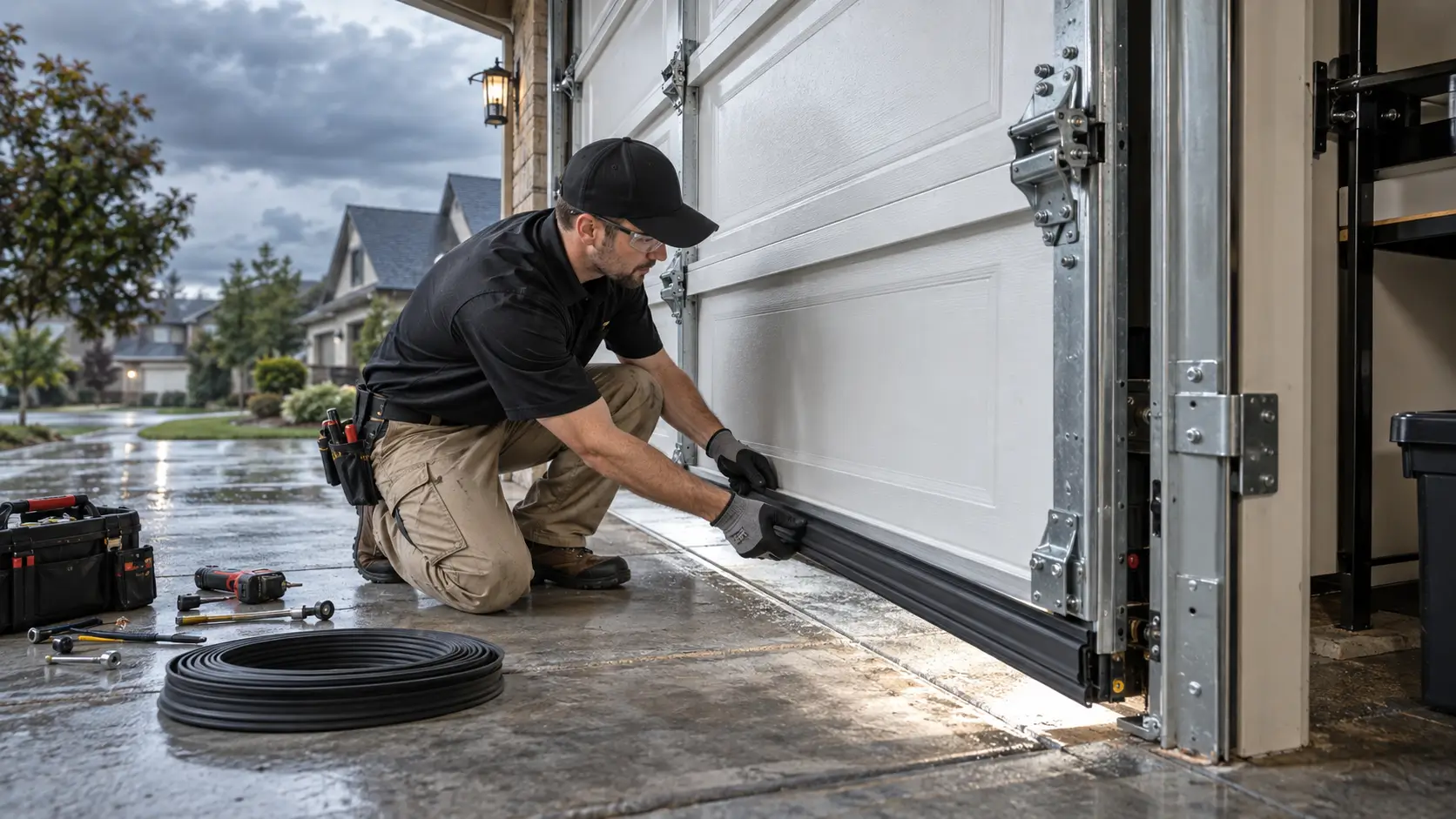 Garage door technician installing weather sealing and adjusting reinforced door panels