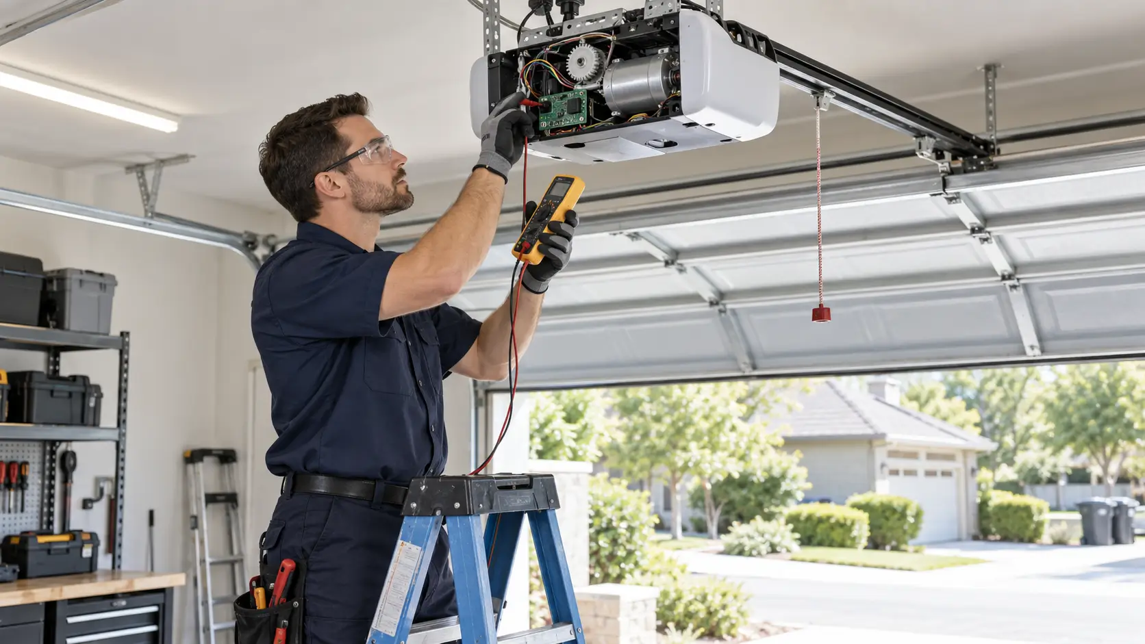 Technician performing rapid motor troubleshooting on a garage door opener