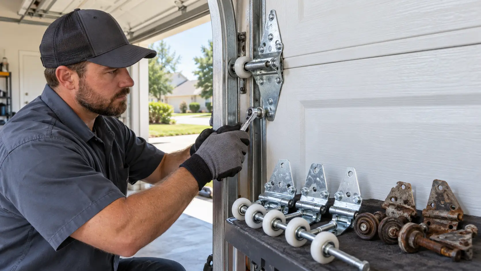 Garage door technician replacing silent nylon rollers and galvanized hinges in Dickinson TX