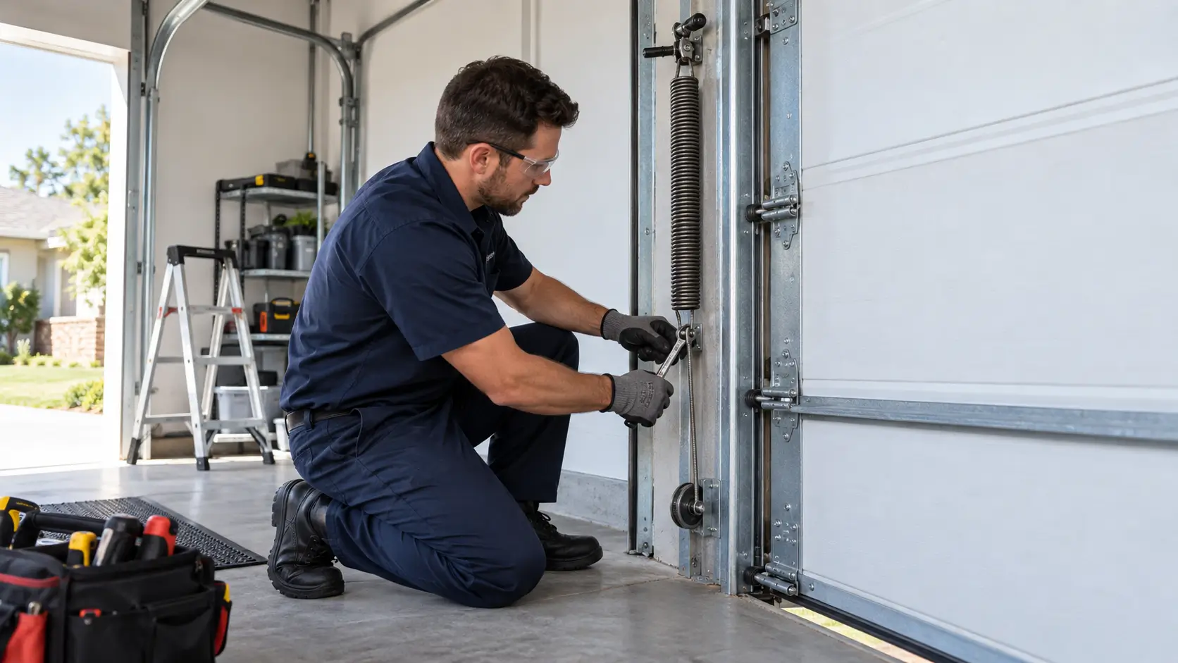 Technician restoring a side-mounted garage door tension coil