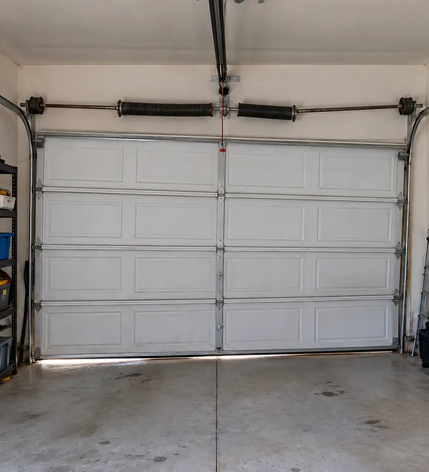 Crooked garage door with broken torsion spring before repair