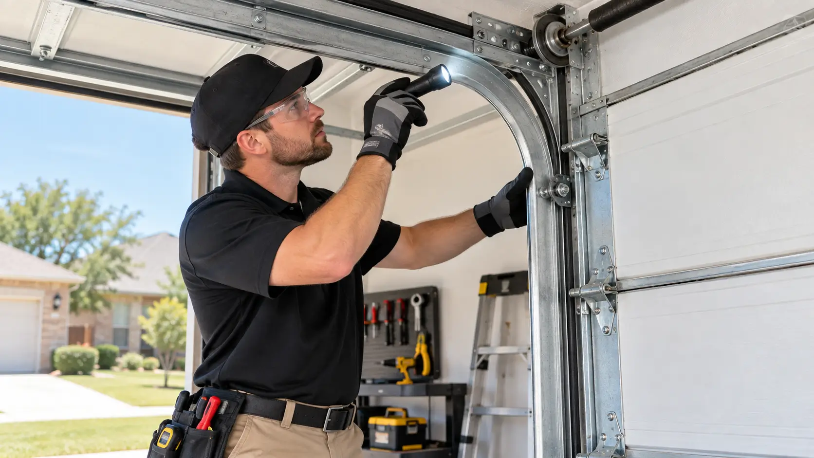 Technician performing preventative garage door track maintenance checks in Dickinson TX